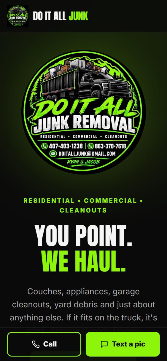 The DoItAll Junk Removal website on a phone, with Call and Text a pic buttons pinned to the bottom of the screen.